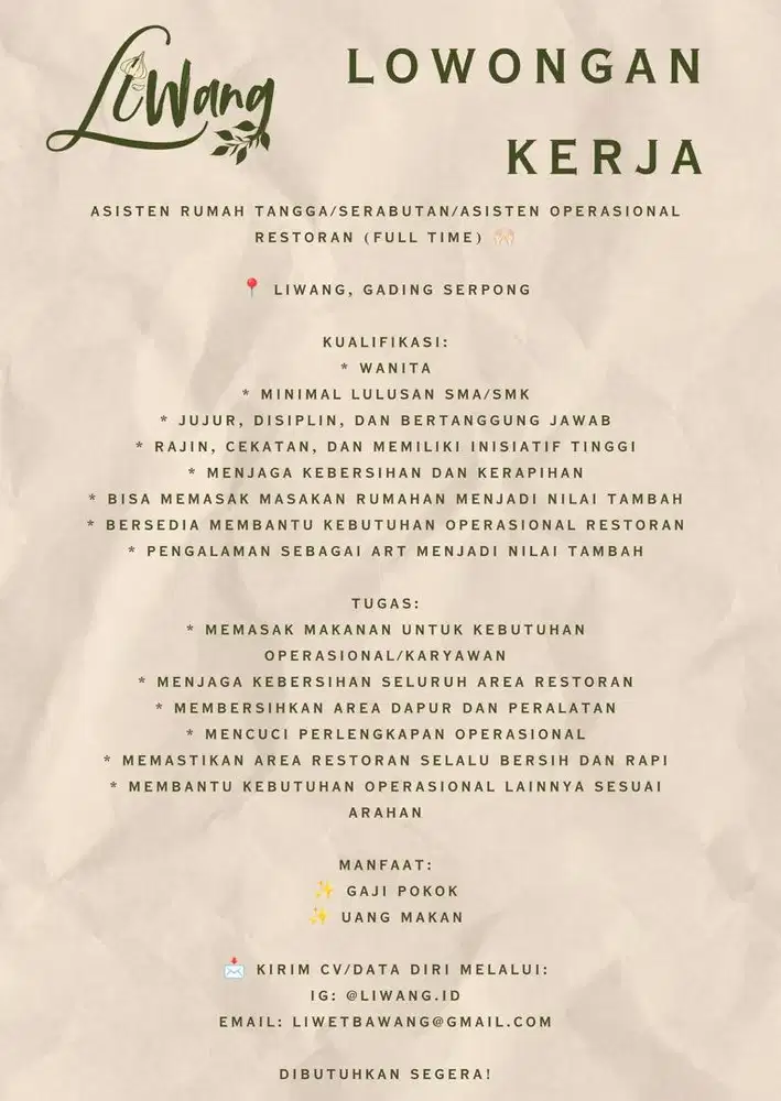 LOWONGAN KERJA RESTORAN
