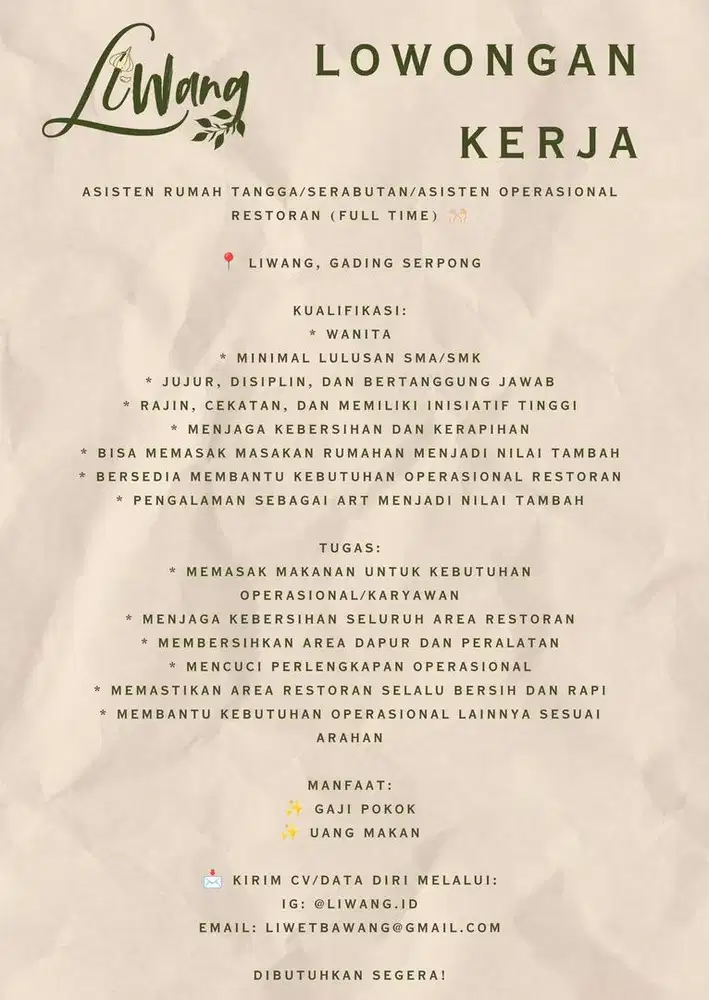 LOWONGAN ART/SERABUTAN RESTO