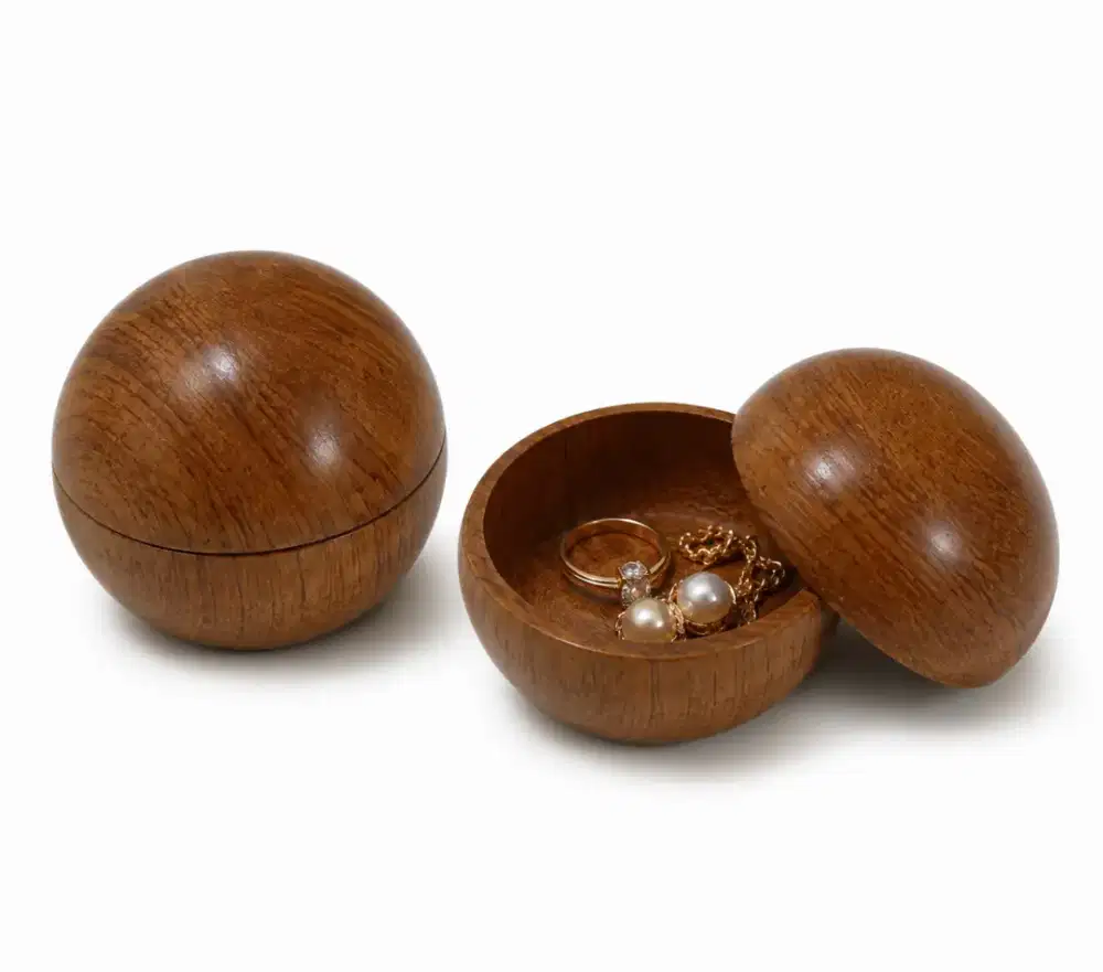 Kotak Perhiasan Kayu Jati Bulat Handmade Tempat Cincin, Koin