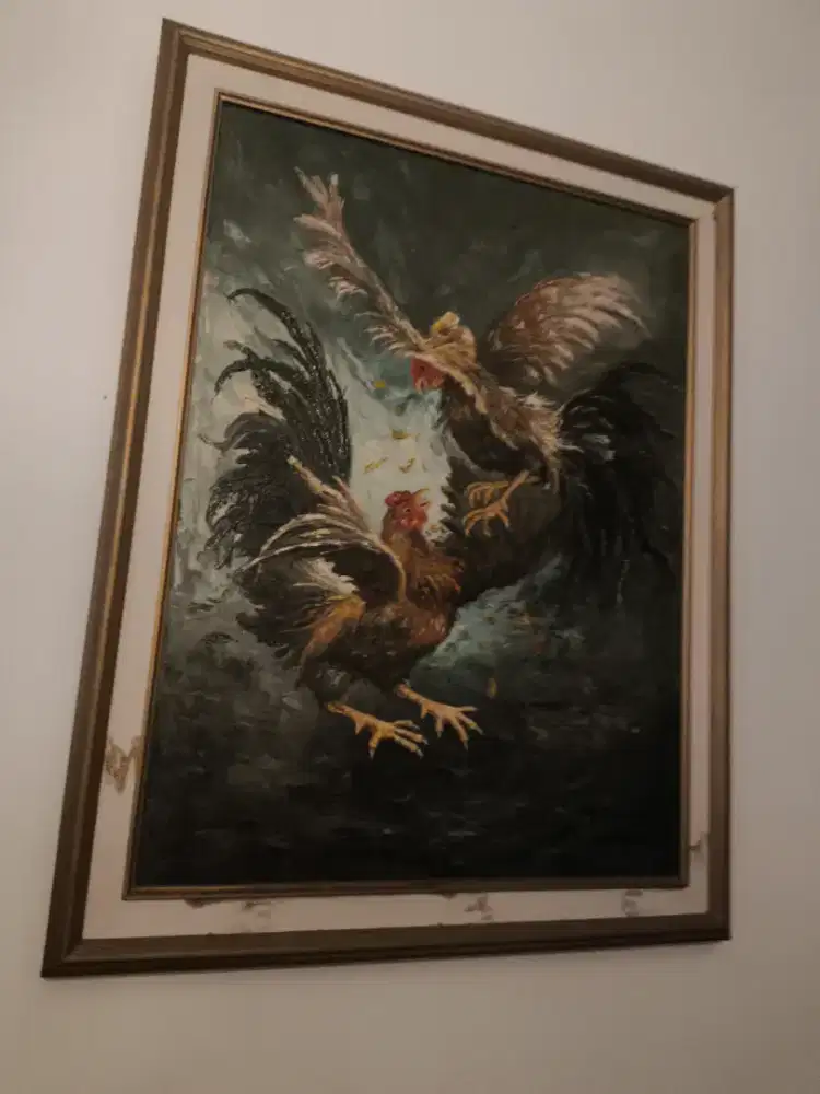 Dijual lukisan ayam jago klasik lengkap dengan bingkai kayu