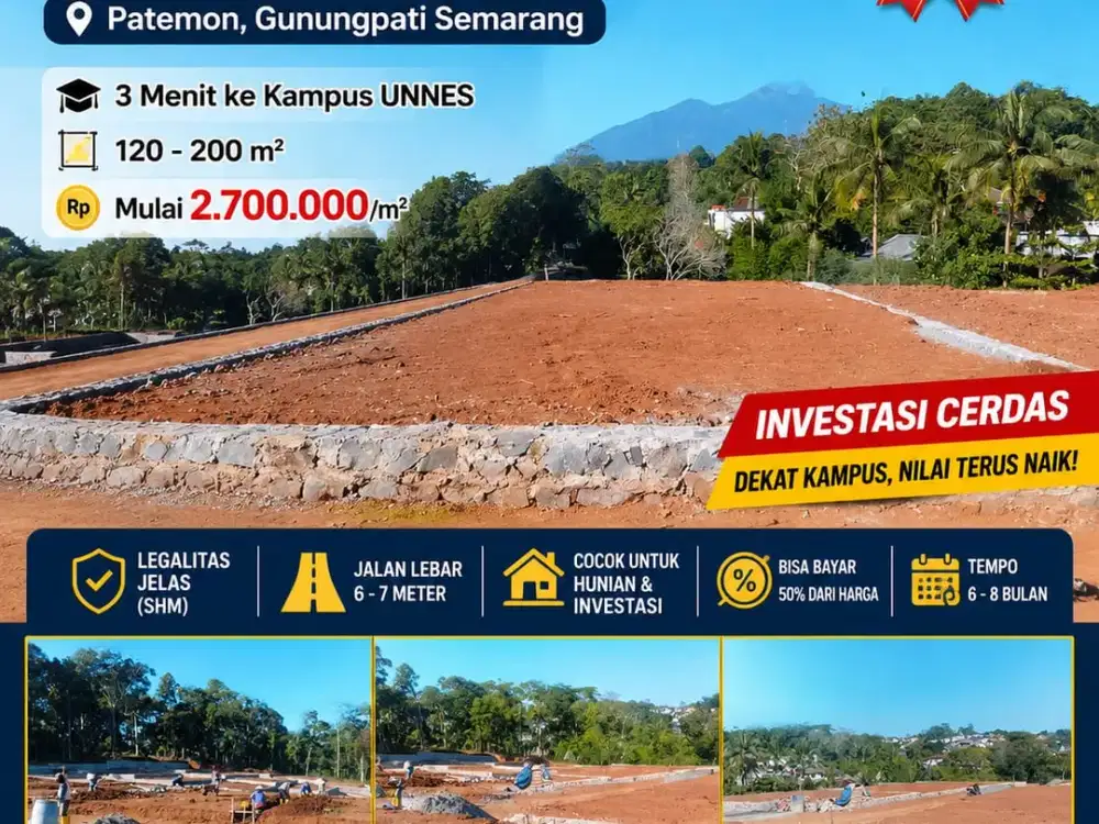 Tanah kavling murah 3 menit dari UNNES free pondasi harga mulai 2,5 juta per meter bisa ditempo
