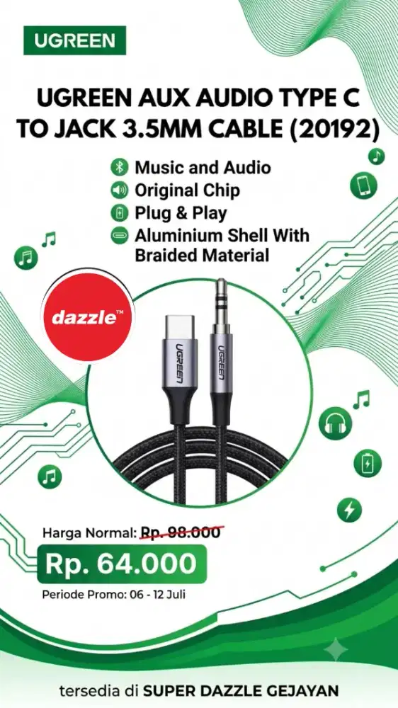 UGREEN AUX AUDIO TYPE C TO JACK 3.5MM MALE CABLE (20192)