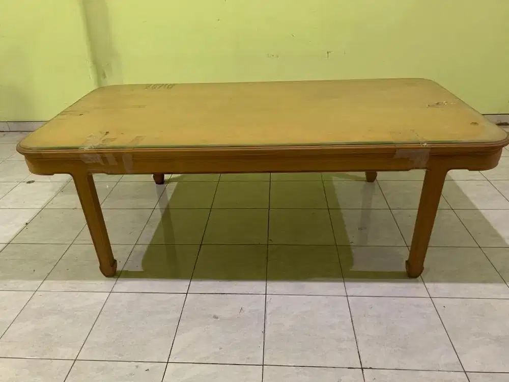 Meja Kayu Sungkai Solid Minimalis + Kaca (2m x 1.2m)