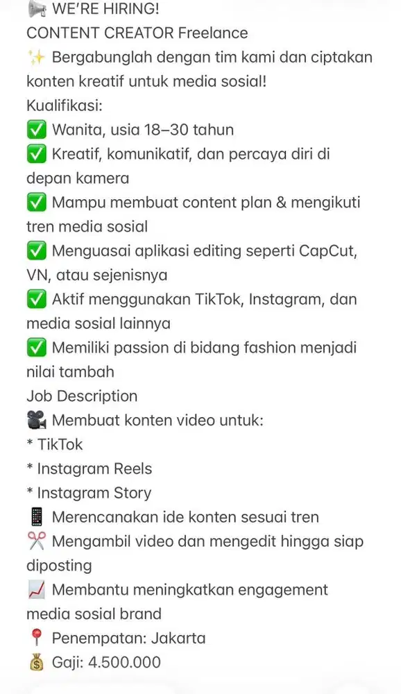 CONTENT CREATOR (Wanita Freelance)