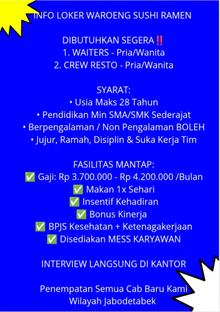 Butuh segera Karyawan Resto