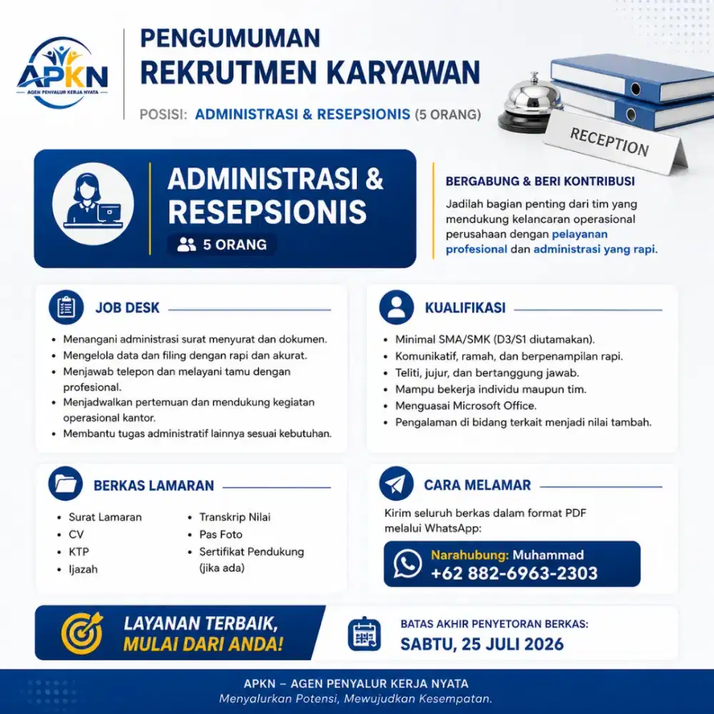 LOWONGAN KERJA – ADMINISTRASI & RESEPSIONIS