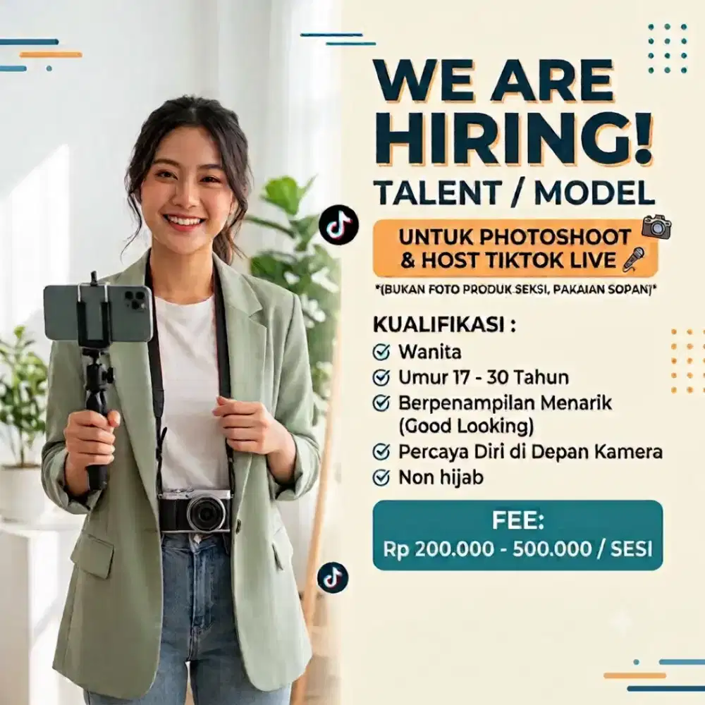 DIBUTUHKAN SEGERA Model Photoshoot & Host Live TikTok (Fee 200-500rb)