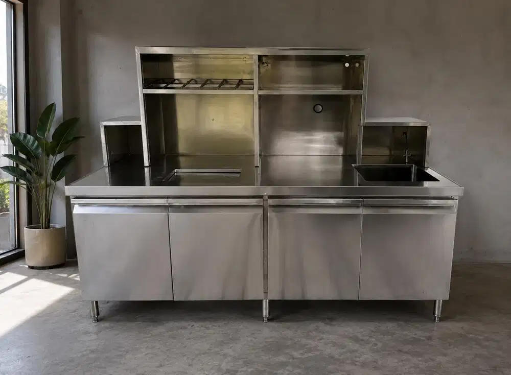 Meja kabinet stainless , topping , ice bin , sink