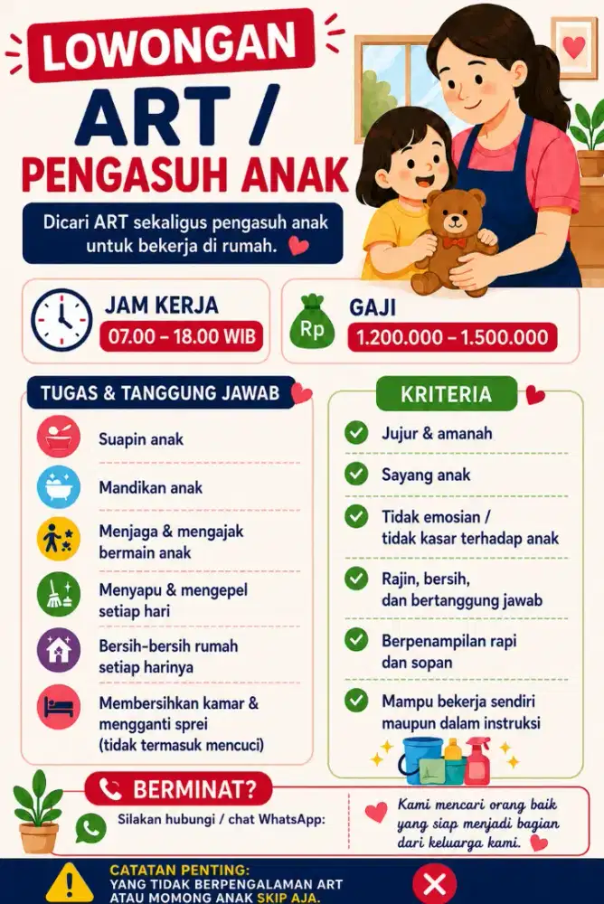 Di Cari ART yang bisa jaga anak