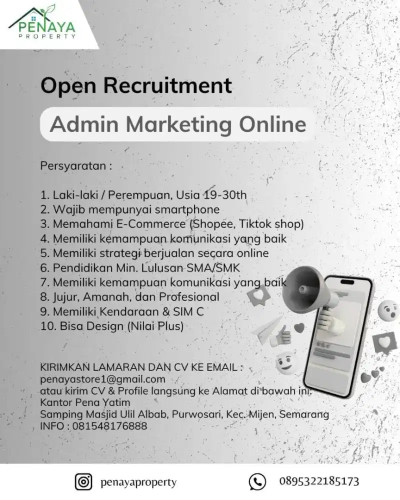 LOWONGAN KERJA: Admin Marketing Online - Penaya Property Semarang