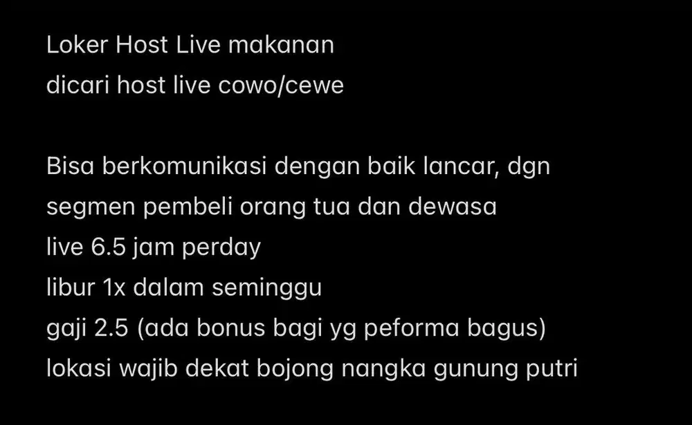 Loker Host Live Makanan