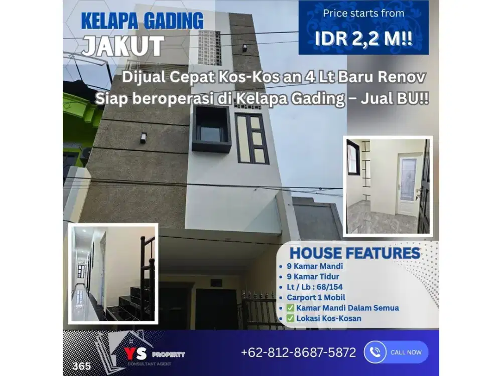 Dijual Cepat Kos-Kos an 4 Lt Baru Renov  Siap beroperasi di Kelapa Gading – Jual BU!! 365