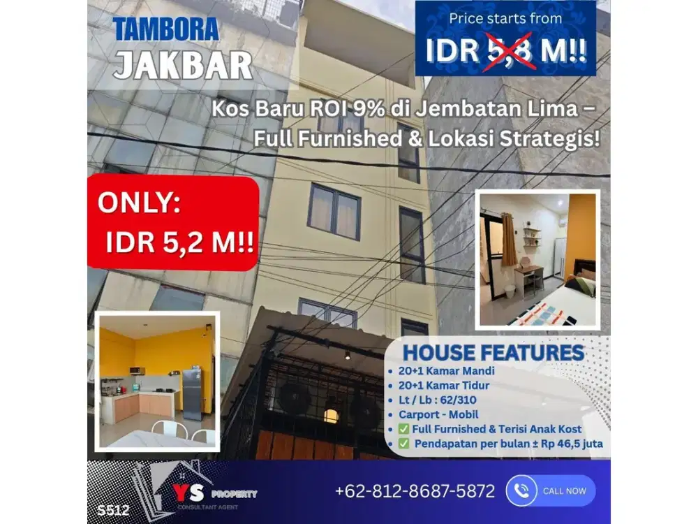Dijual Cepat! Kos Siap Huni ROI 9%/Thn di Tambora – Income 499 Juta/Tahun! S512