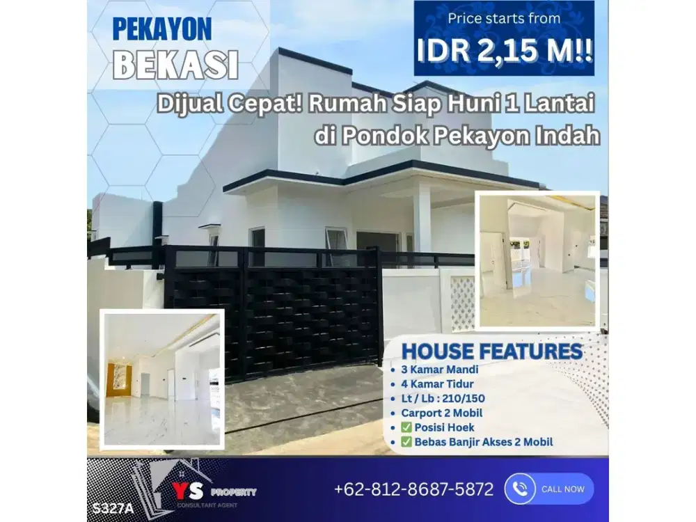 Dijual Cepat! Rumah Siap Huni 1 Lantai di Pondok Pekayon Indah Akses 2 Mobil Bebas Banjir S327A