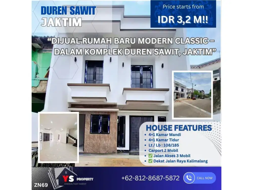 DIJUAL RUMAH BARU MODERN CLASSIC – DALAM KOMPLEK DUREN SAWIT, JAKARTA TIMUR ZN69