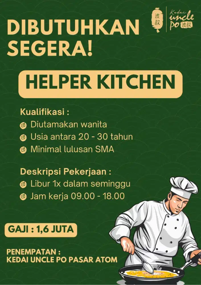 DIBUTUHKAN SEGERA HELPER KITCHEN