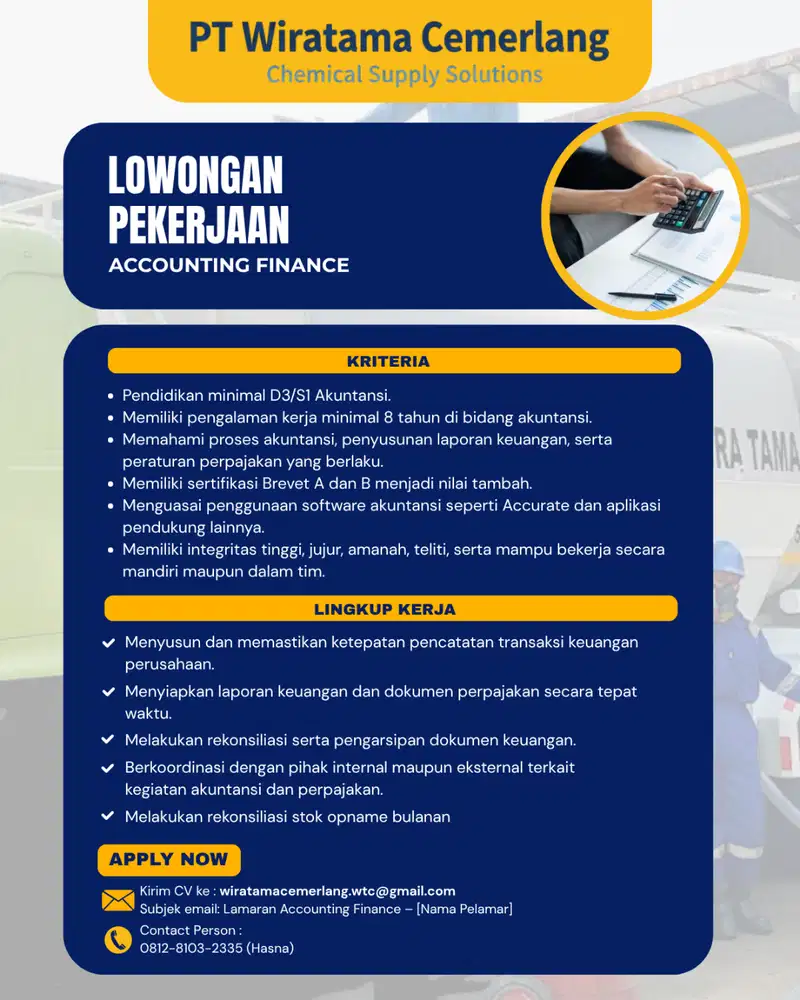 LOWONGAN KERJA KEUANGAN ACCOUNTING PERUSAHAAN | JAKARTA BARAT