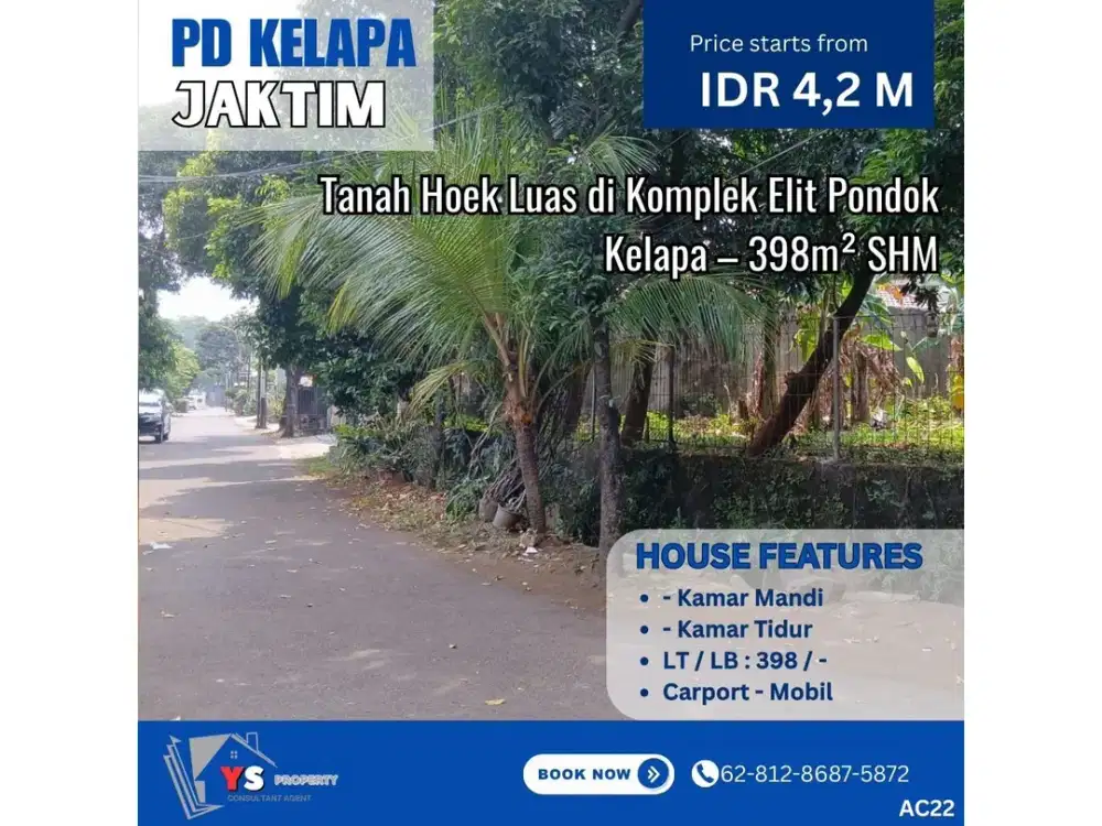 Jarang Ada! Tanah Hoek 398m² di Komplek Elit Pondok Kelapa AC22