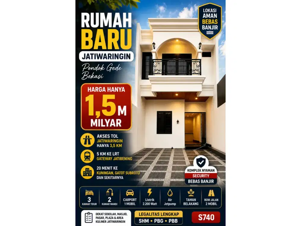 Rumah Baru Jatiwaringin Bekasi Bebas Banjir 3,5 KM ke Tol SHM Harga Rp1,45 Miliar S740