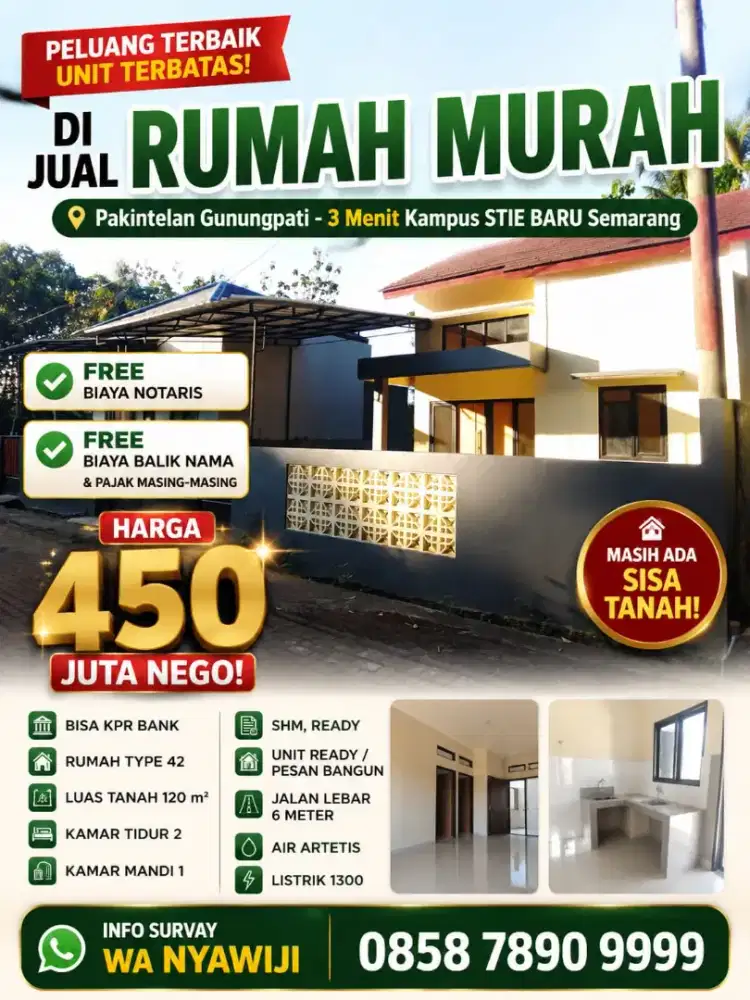 Rumah ready siap huni 7menit kampus Unnes Semarang.