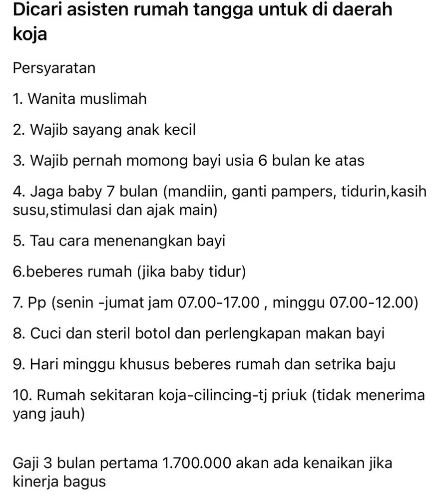 Di cari ART Momong Bayi daerah Koja