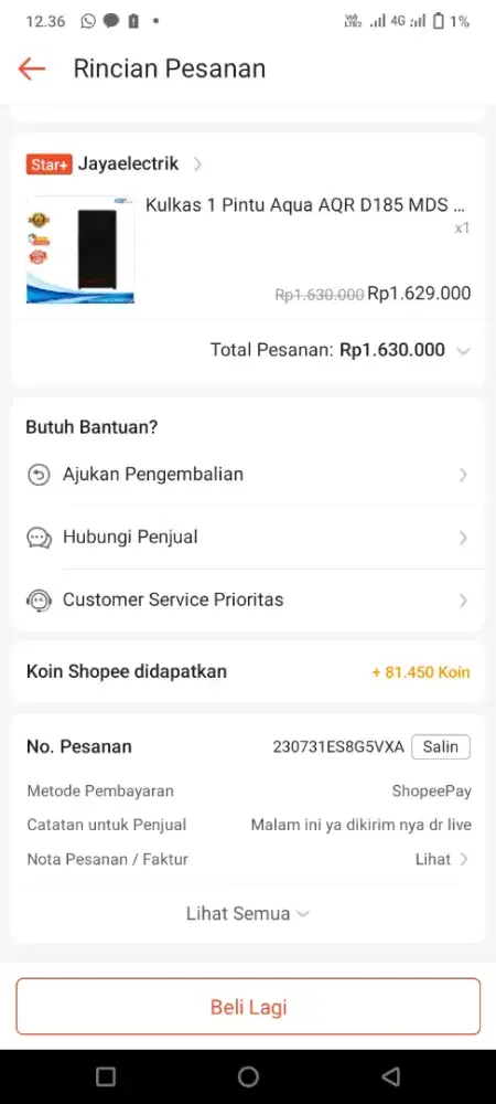 KULKAS 1 Pintu AQR D185 MDS LOW WAT