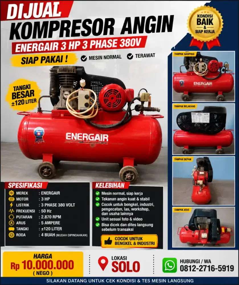 Kompressor Angin ENERGAIR 3 HP 3 Phase 380 V