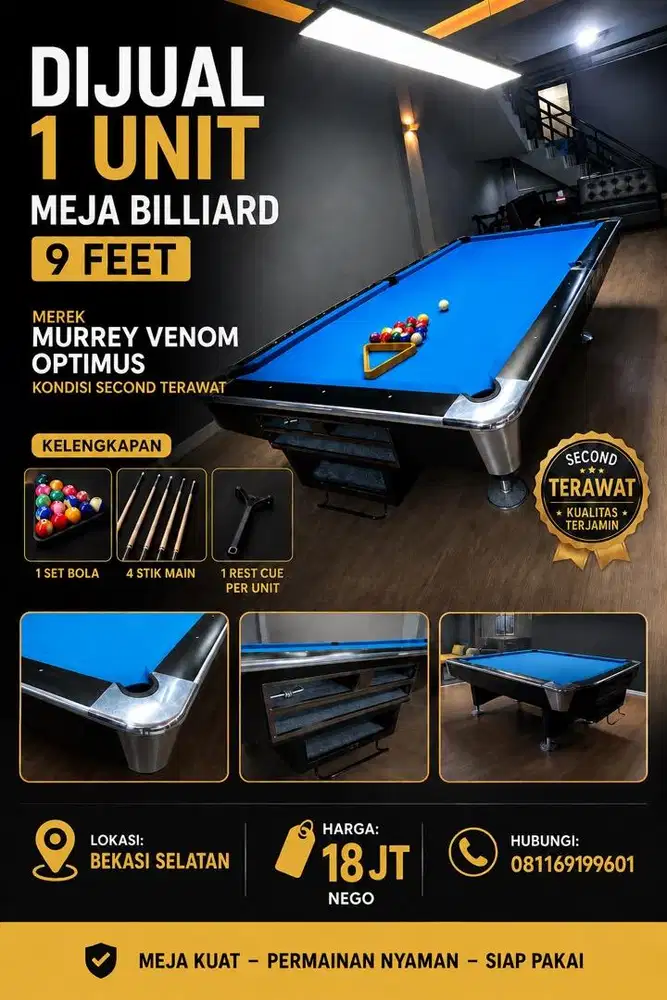 DIJUAL MEJA BILLIARD MURREY VENOM OPTIMIS 9 FEET