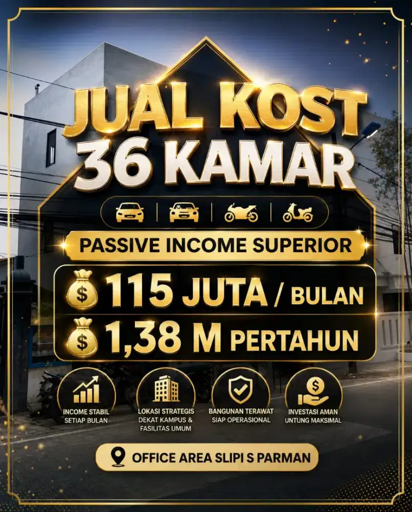 JUAL BU KOST KOSAN 36 KAMAR OFFICE AREA SLIPI S PARMAN PALMERAH JAKBAR
