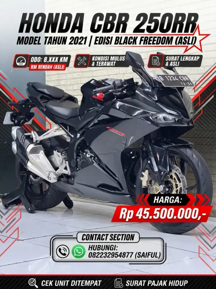 Odo 8rb Istimewa!!Honda CBR 250RR 2021 Black Freedom N Asli-Mustika