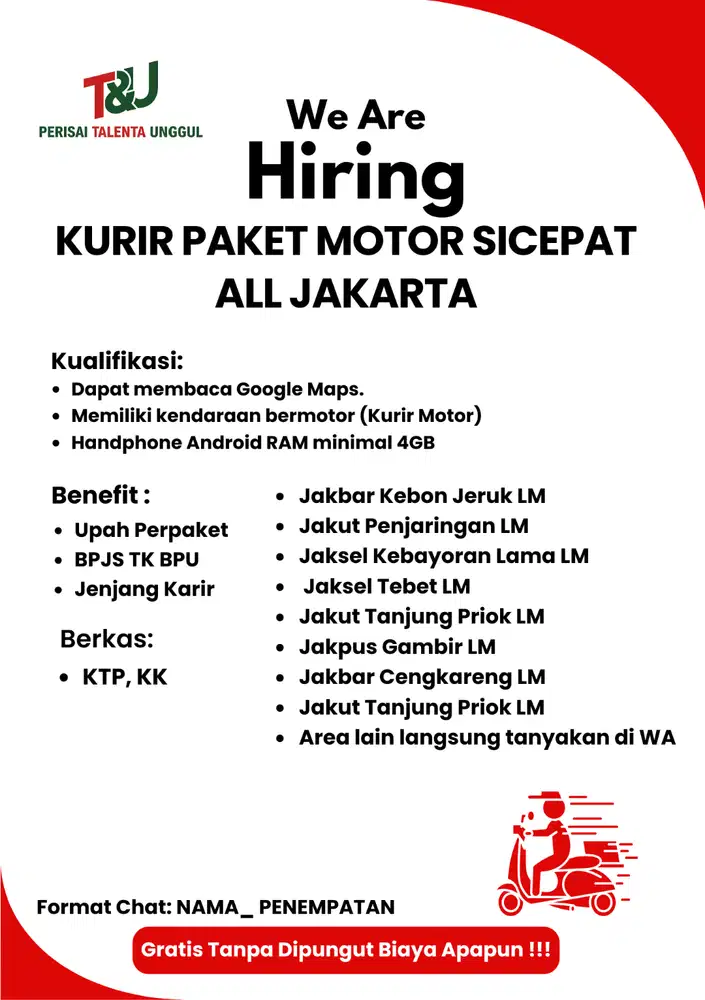 DIBUTUHKAN KURIR MOTOR SICEPAT EKSPRESS ALL AREA