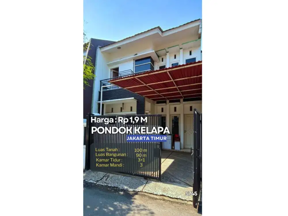 JUAL CEPAT! Rumah 2 Lantai Depan Taman di Kav DKI Pondok Kelapa, Bebas Banjir S745