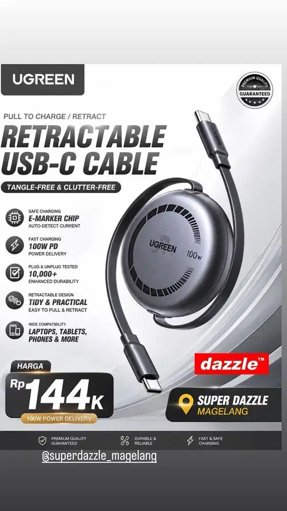 Kabel data ugreen c to c retractable 100 watt 65905