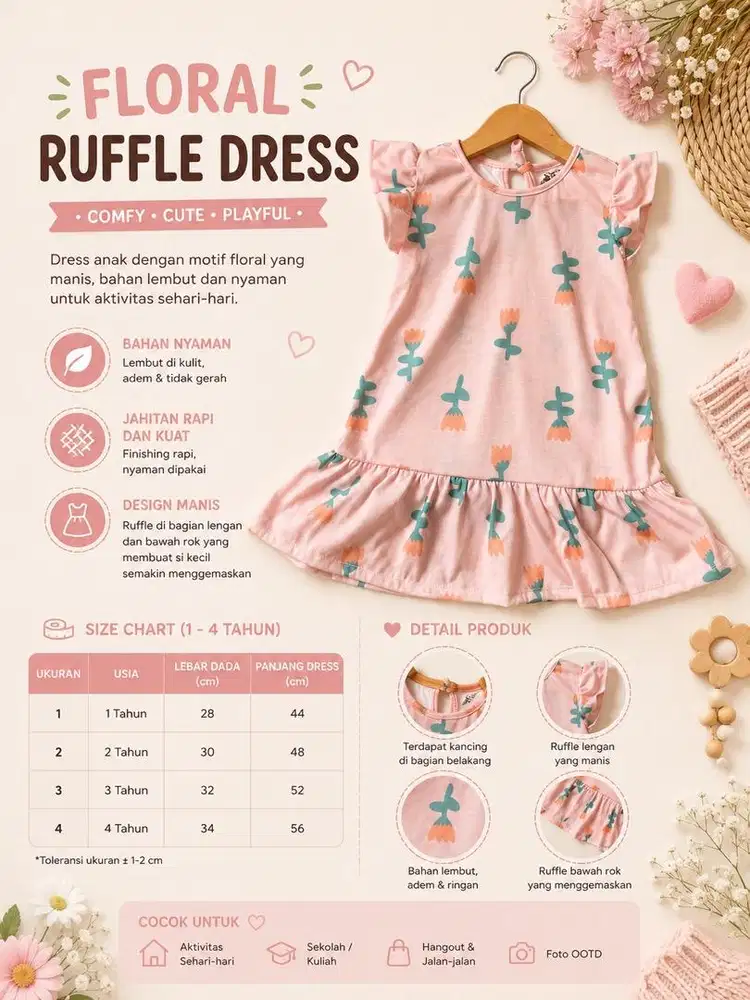 Dress anak sehari-hari size 2 - 4 tahun