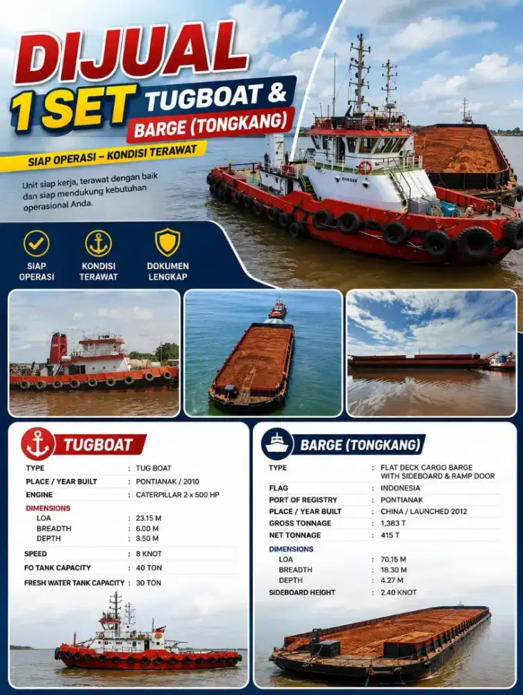 Di jual Tugboat & tongkang 230 feet tahun 2010 - 2012