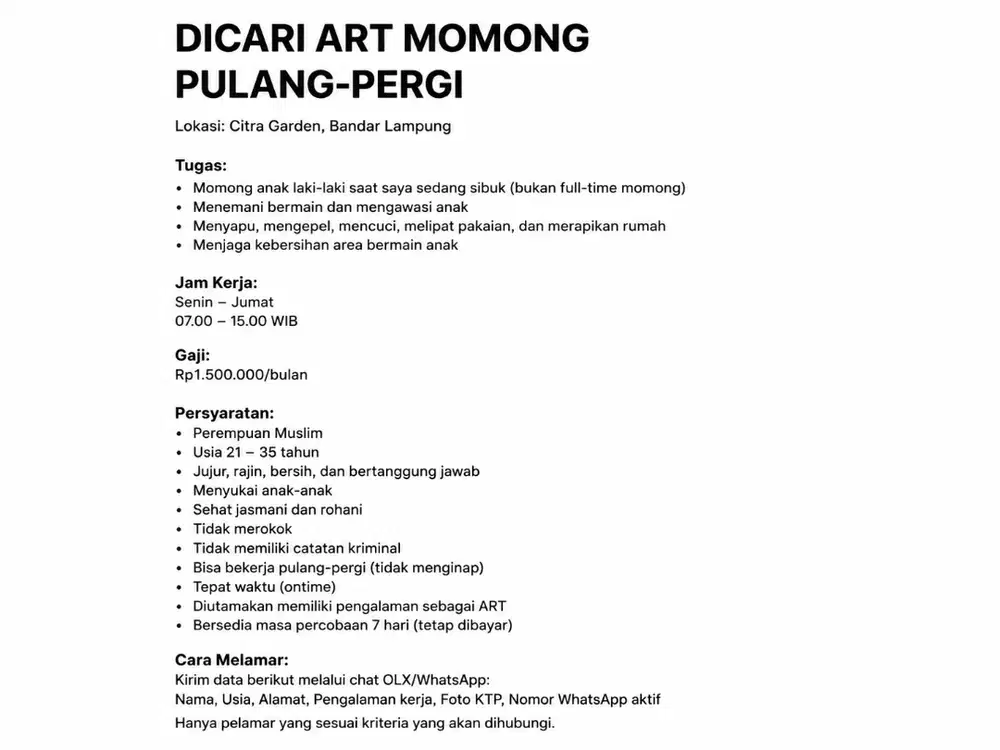 Lowongan Kerja ART Momong Citra Garden Lampung