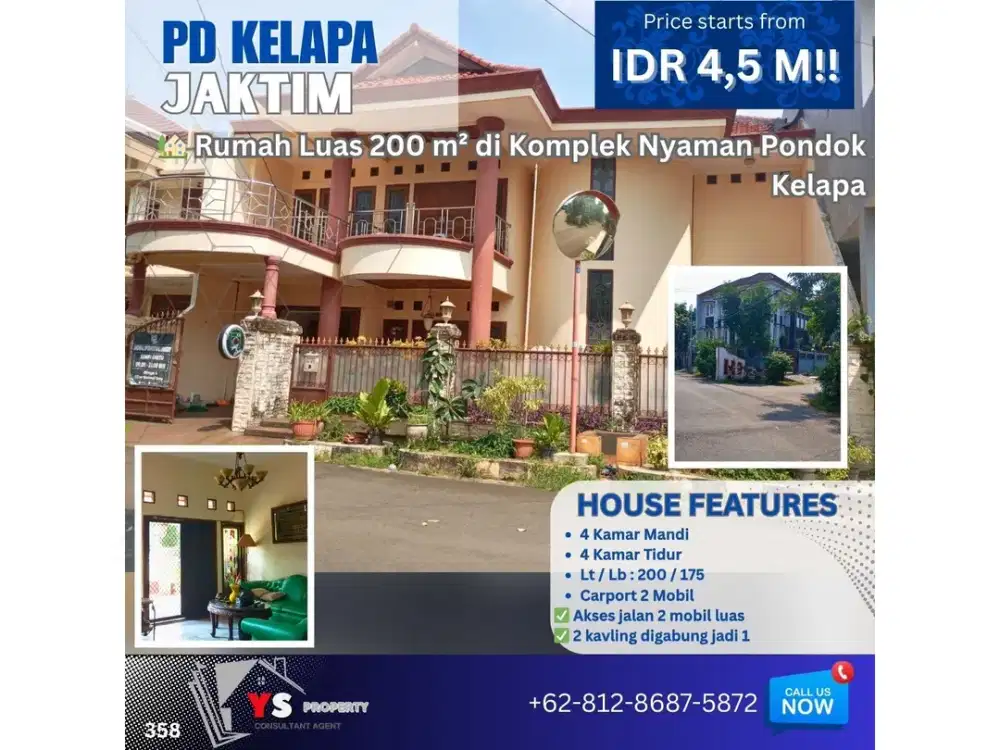 Rare! Rumah 2 Kavling dengan Taman Hijau & Halaman Lega di Pondok Kelapa 358