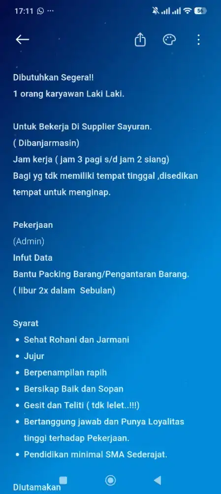 Dibtuhkan Admin Laki Laki