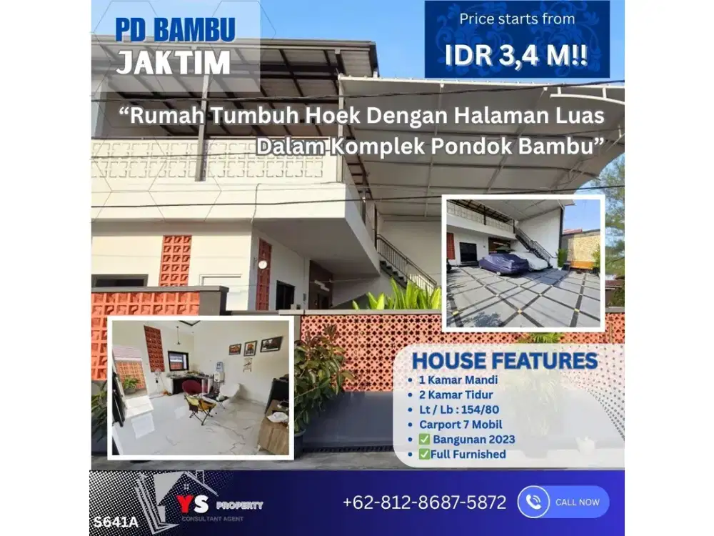 “Rumah Hoek 2 Lantai dengan Halaman Luas di Pondok Bambu – Full Furnished & Siap Huni” S641