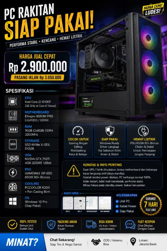 PC Gaming i3 10100F GTX 750Ti 4GB RAM 16GB SSD NVMe 512GB Siap Pakai