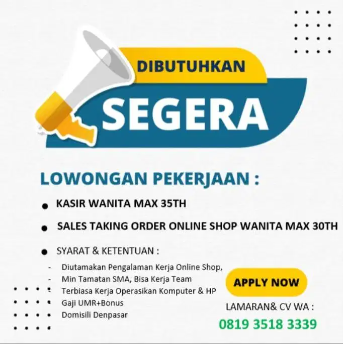 Dibutuhkan Kasir & Taking Order Wanita Untuk Toko Online Denpasar