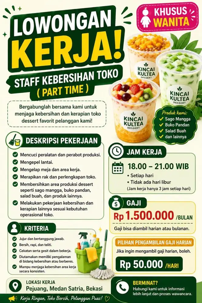 Lowongan kerja staff kebersihan toko khusus wanita ( part time)