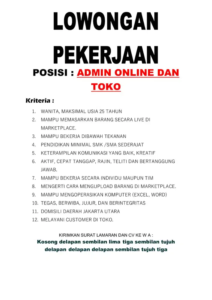 LOWONGAN KERJA - ADMIN ONLINE DAN TOKO