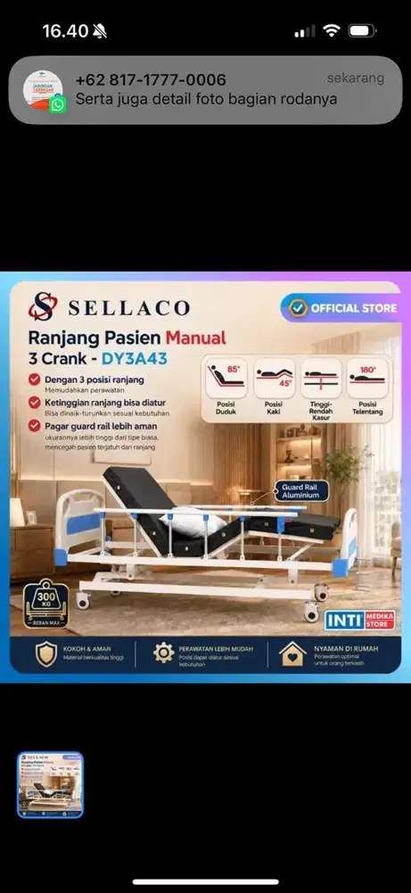 Dijual cepat Bed Pasien 3 crank, Merk Sella