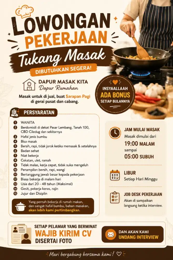 DI BUTUHKAN KARYAWAN BAGIAN MASAK