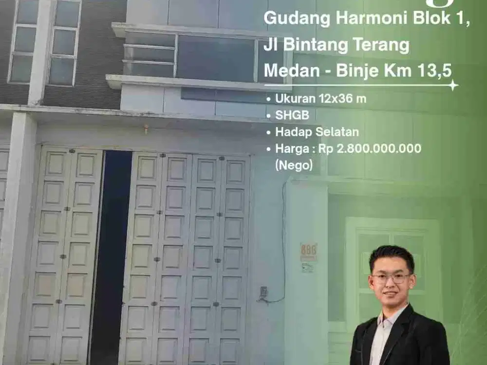 DIJUAL CEPAT GUDANG DI KOMPLEK PERGUDANGAN HARMONI BLOK 1 JL BINTANG TERANG MEDAN BINJAI KM13,5