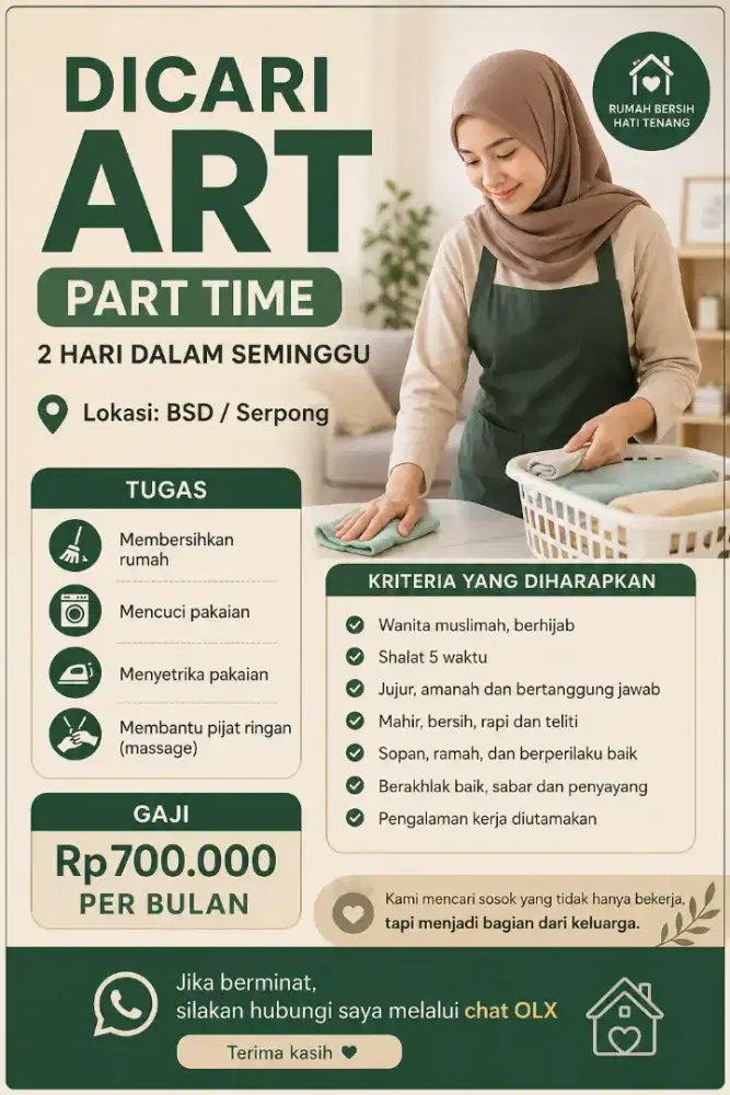 Dicari ART Part Time – BSD/Serpong (2 Hari/Minggu)