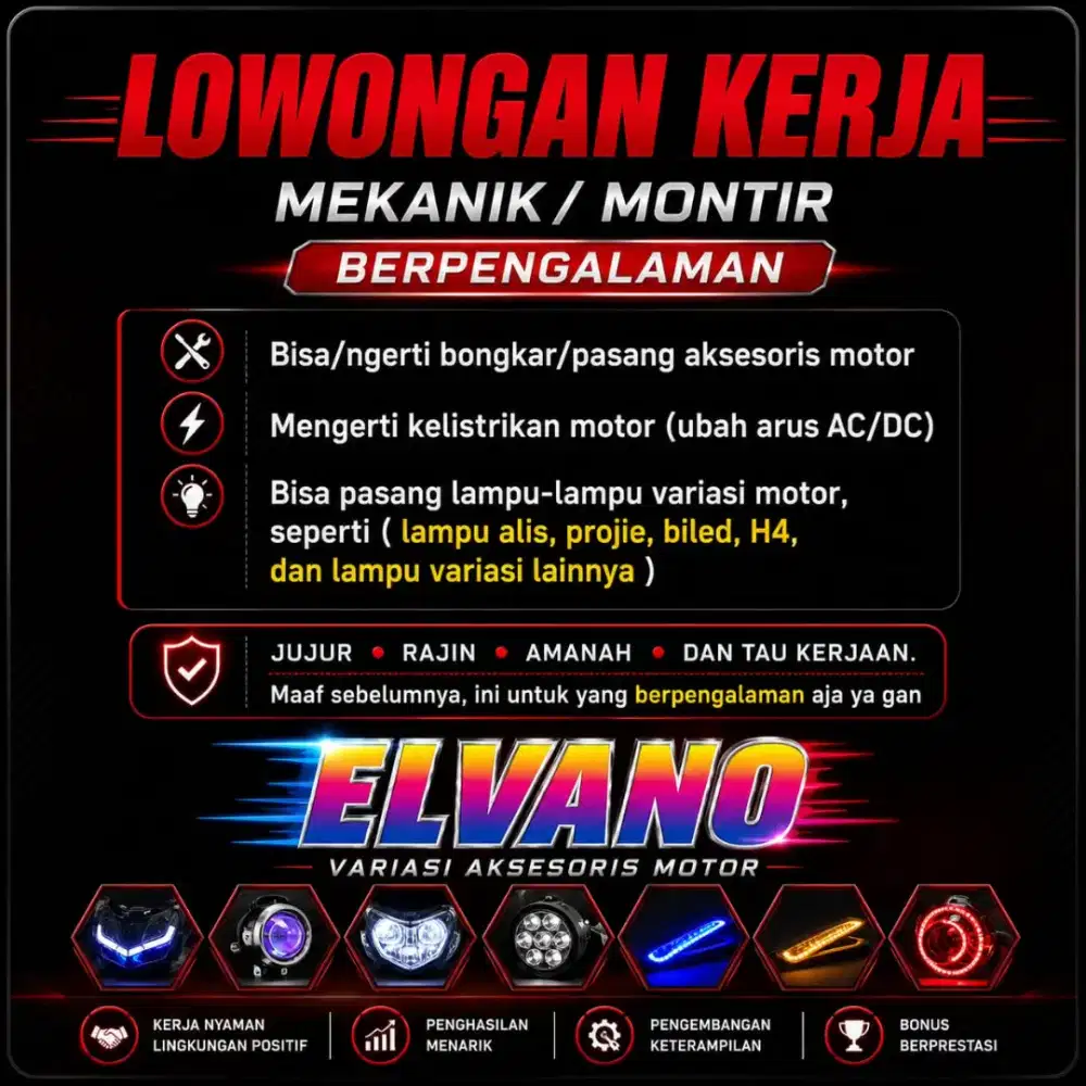 Loker Lowongan Kerja Mekanik / Montir / teknisi motor Berpengalaman