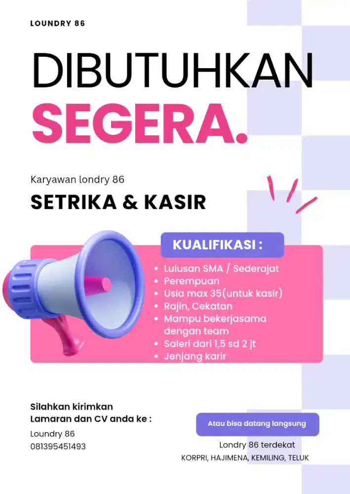 Dibutuhkan secepatnya kasir