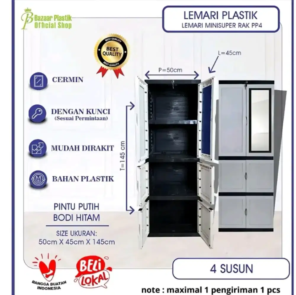 Lemari Plastik Pakaian 2 Pintu Panjang + Kaca